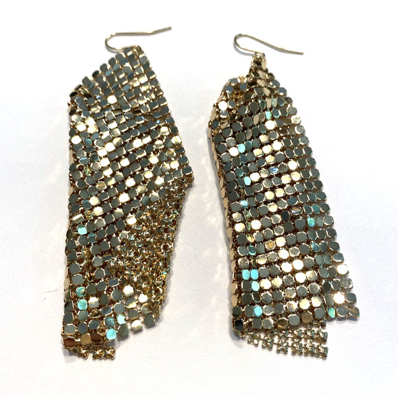 Vintage Pierced Earrings Liquid Gold Tone Mesh Fluid Look Dangle & Drop Disco - Picture 3 of 6